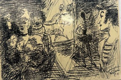drawing of a group of people sitting around a table in a room