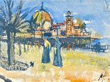 un tableau représentant des personnes se promenant sur la plage près d'une jetée