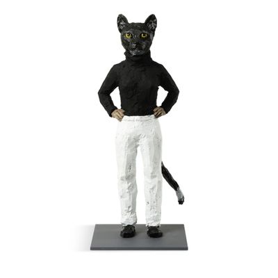statue of a black cat in a black shirt and white pants