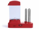 an image of a red blender with two salt shakers