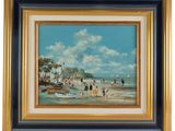 tableau représentant une scène de plage avec des bateaux et des personnes sur l'eau