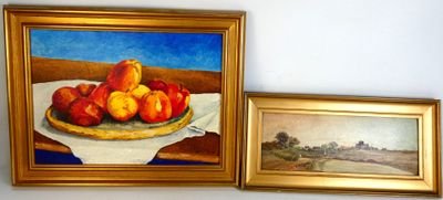 deux tableaux représentant des pêches et un bol de pêches posé sur une table