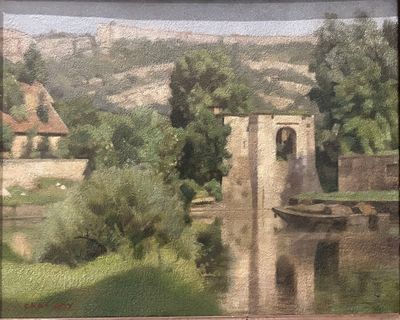 un tableau représentant un château avec une tour au centre