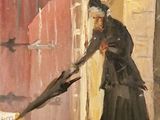 un tableau représentant une femme tenant un parapluie devant un immeuble