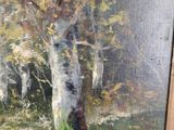 an oil painting of a birch tree in a forest with yellow leaves