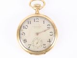 a gold pocket watch on a white background