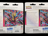 two packs of pokemon trading cards on a black background