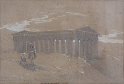 tableau représentant un homme à cheval devant un bâtiment