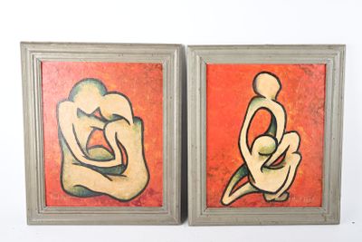 tableau représentant un couple de nus sur un fond rouge et orange