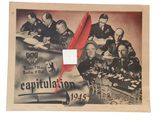 an old photo of a group of men sitting around a table with a red feather