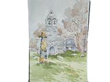 a watercolor painting of a church with a clock tower
