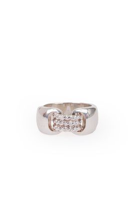 a white gold ring with a braid design on the band