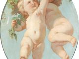 une image représentant un tableau sur lequel figurent deux chérubins suspendus à une branche d'arbre