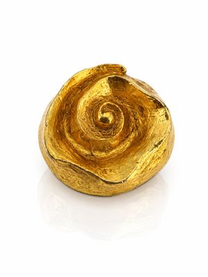 an image of a gold plated object on a white surface