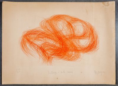 un dessin orange représentant une pelote de laine sur une feuille de papier