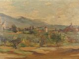 une peinture à l'huile représentant un paysage avec une église et des arbres
