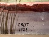 a painting of a boat on the water with trees in the background