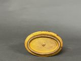 a close up of a small yellow object on a gray surface