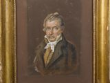 an old painting of a man in a brown suit and white shirt