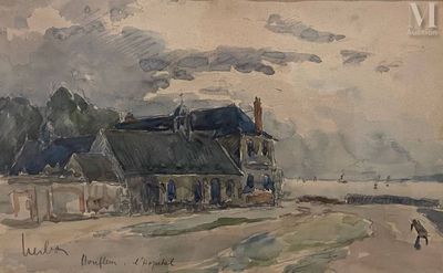 painting of a house on a beach with a person walking on the beach
