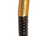 an image of a black and gold cane with a gold handle