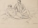 dessin au crayon représentant un homme et une femme assis sur une plage