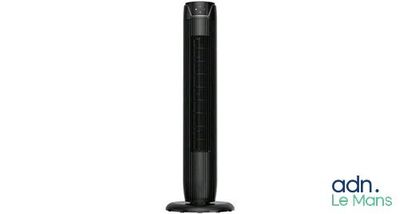 a black tower fan sitting on top of a white table