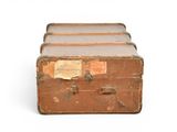 three old suitcases stacked on top of each other on a white surface