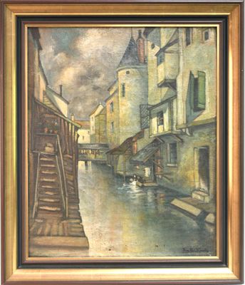 une image représentant une peinture d'une rue de ville avec un bateau sur l'eau