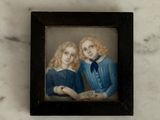 tableau représentant deux jeunes filles en robe bleue tenant un livre