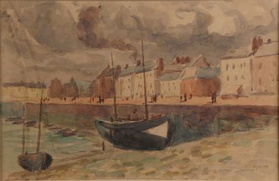 l'image d'une peinture représentant un bateau sur un plan d'eau