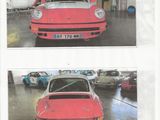 two pictures of a red car in a garage