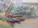 un tableau représentant des bateaux sur les rives d'une rivière
