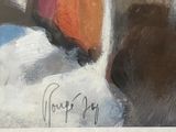 a painting of a dog that is sitting on the ground