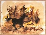 a painting of a horse running in the desert