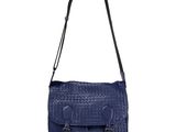 a blue leather bag with a strap and two buckles