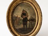 an old painting of a man holding a cat in a gold frame