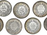 six different types of coins are shown on a white background