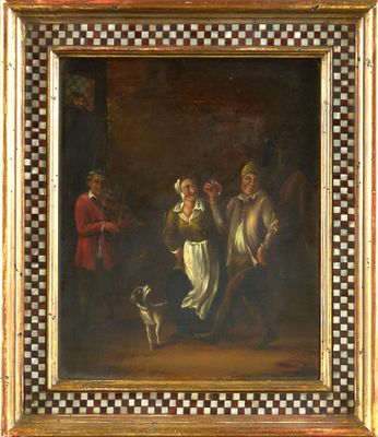 an oil painting of a group of people and a dog in a room