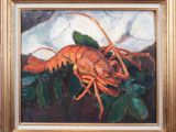 an oil painting of a lobster on a white cloth