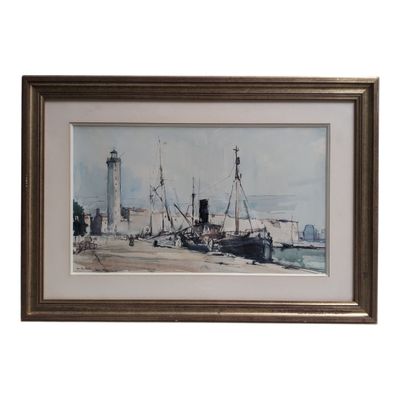 framed watercolor painting of a harbor scene with boats and a lighthouse