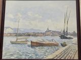 a picture of a painting of boats on the water