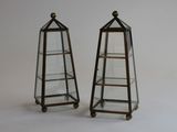 paire de terrariums en laiton et en verre posés sur des pieds