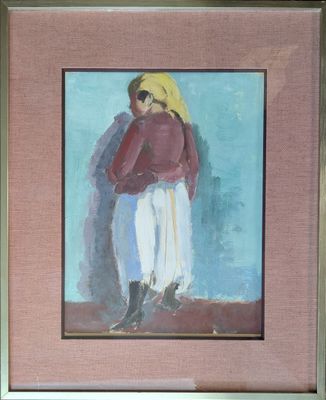 tableau encadré représentant une femme vêtue d'une veste rouge et d'un pantalon blanc