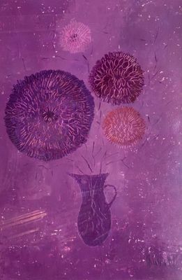 a painting of flowers in a vase on a purple background