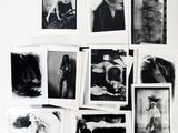 several black and white photographs of a woman in a room