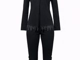 a woman ' s black top and pants with lace trims