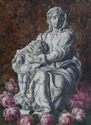 an oil painting of a statue of a woman holding a child in her lap