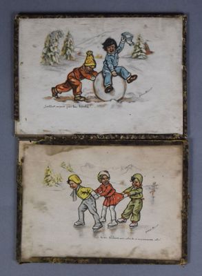 two paintings of children playing in the snow with a snowman