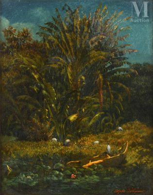 a painting of a man in a canoe in the middle of a field